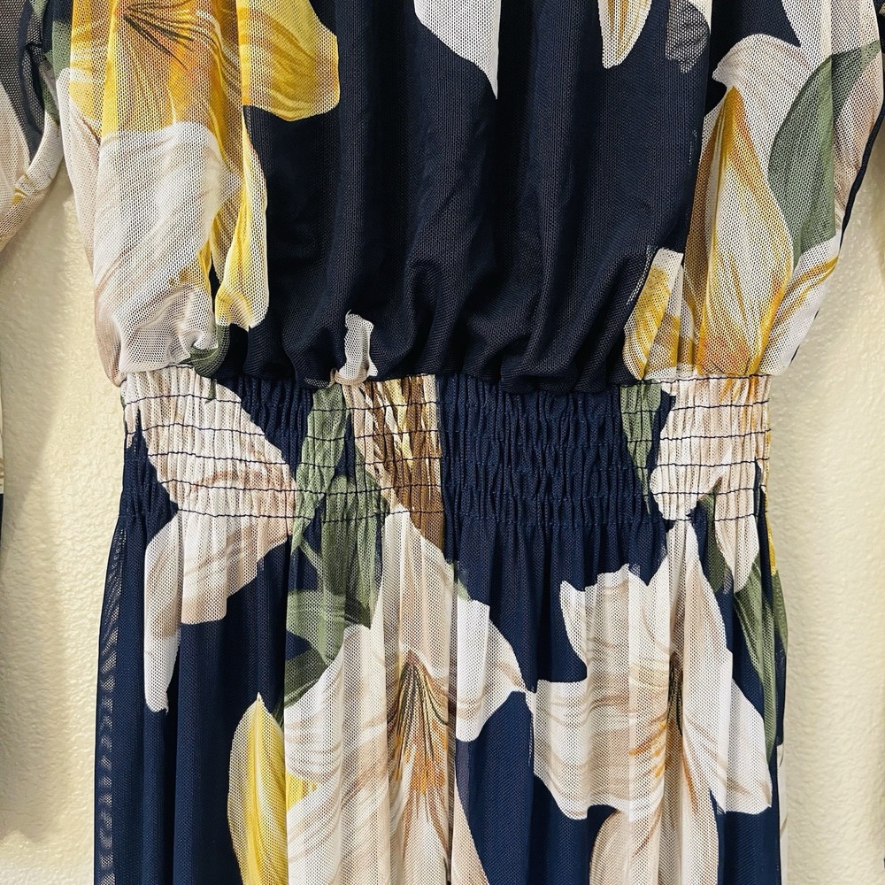 Kate & Lilly Floral Maxi Dress Mesh Long Sleeve Navy Yellow Tiered Ruffles Sz 4 - Picture 6 of 9